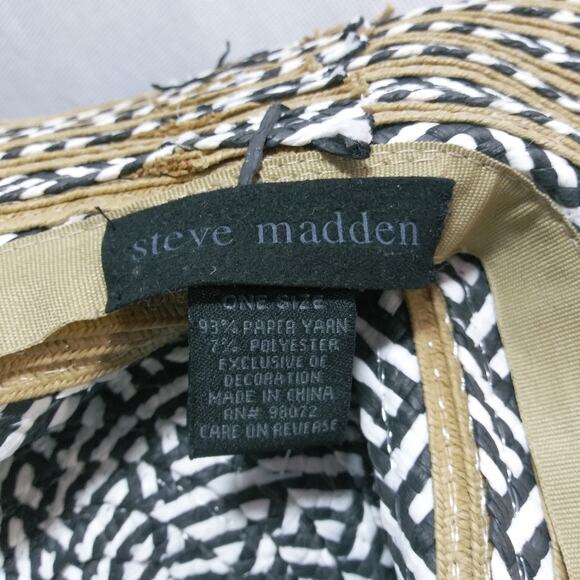 Steve Madden White Black Paper Straw Khaki Sun Hat Wide Brim One Size - Picture 6 of 10
